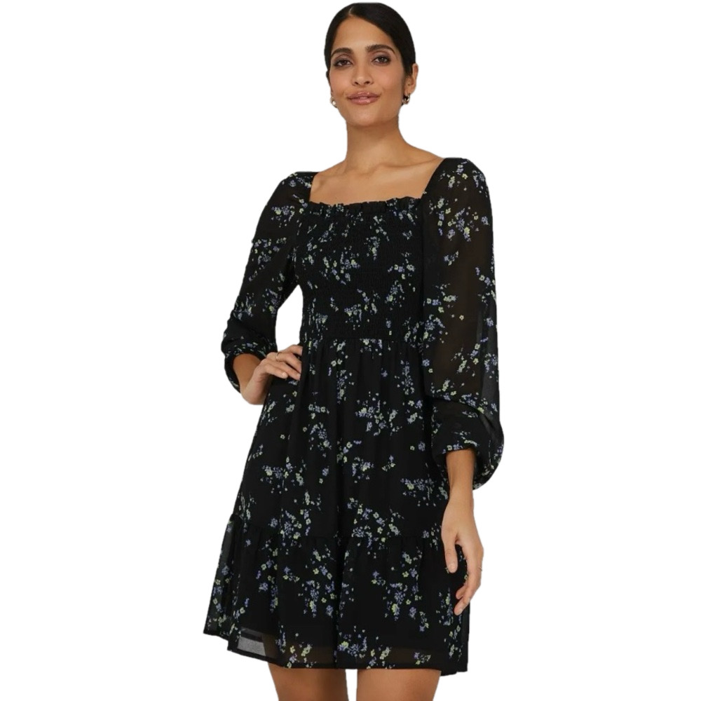 Smocked Black Floral Mini Dress